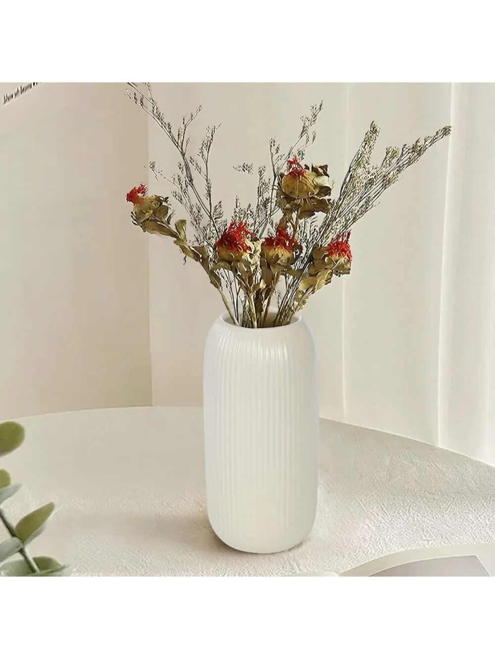 Modern Small Beige Ceramic Vase Flowers Ribbed Textured Farmhouse Home Livings